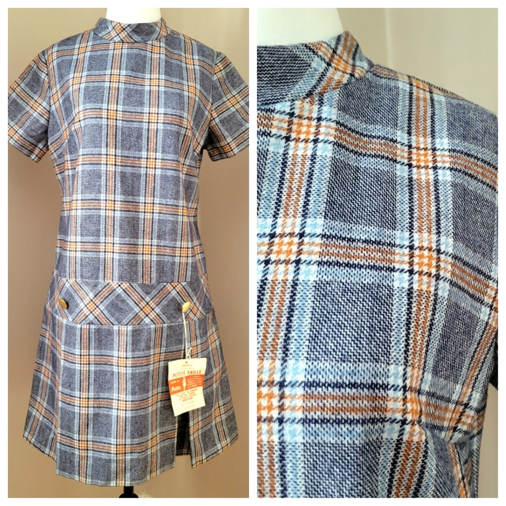 VINTAGE 60'S SOFT PLAID SHORT SLEEVE MIDI DRESS petite Medium